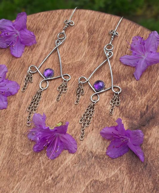SPRING RAIN Earrings- Rose Cut Amethyst in Fine and Sterling Silver with Bronze Chain Fringe