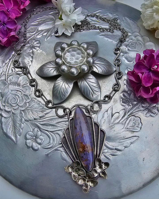 LILAC BLOOMS & PLUMES Necklace - Burro Creek Plume Agate in Fine and Sterling Silver