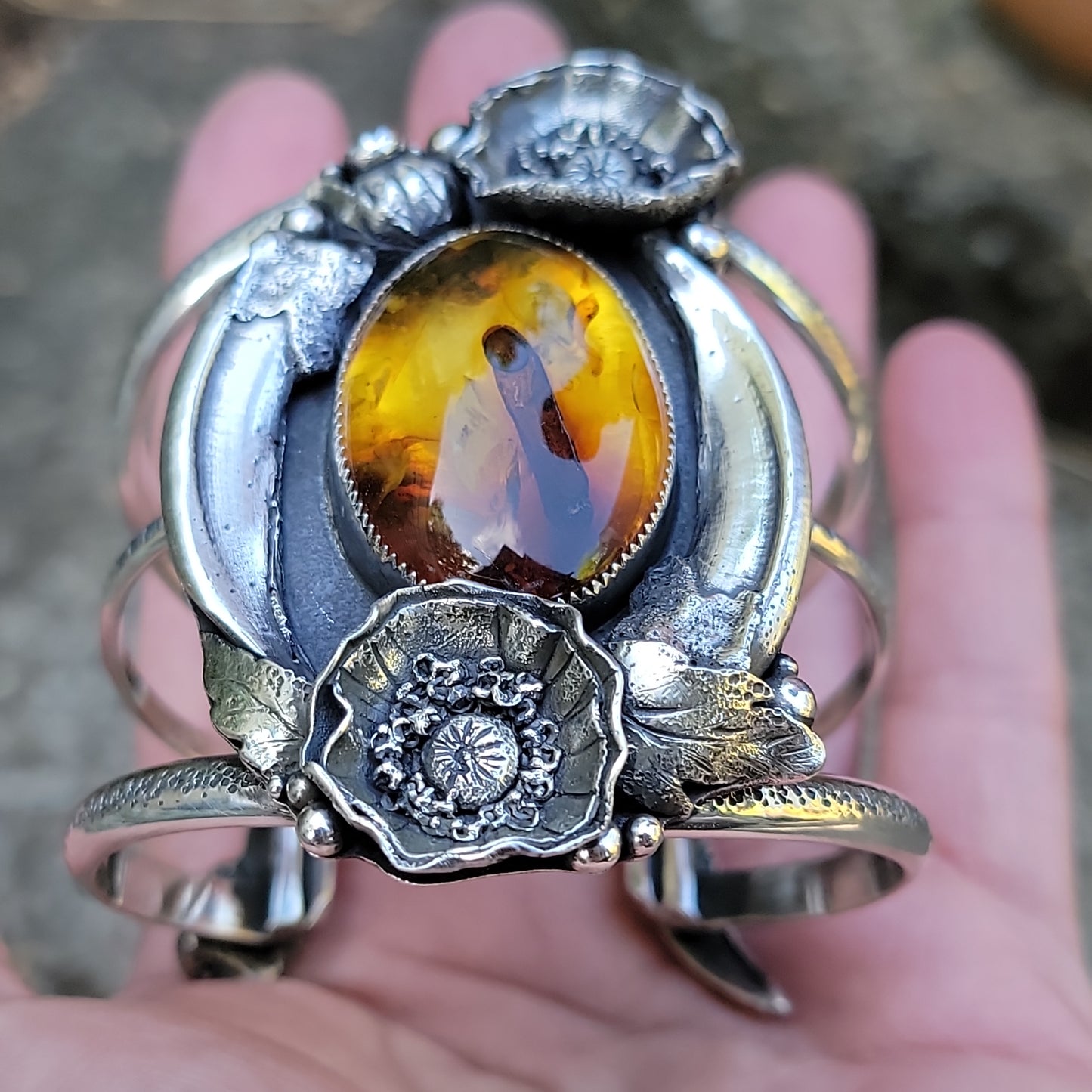 x POPPY CLAWS Cuff - Baltic Amber in Heavy Sterling Silver size M to M/L