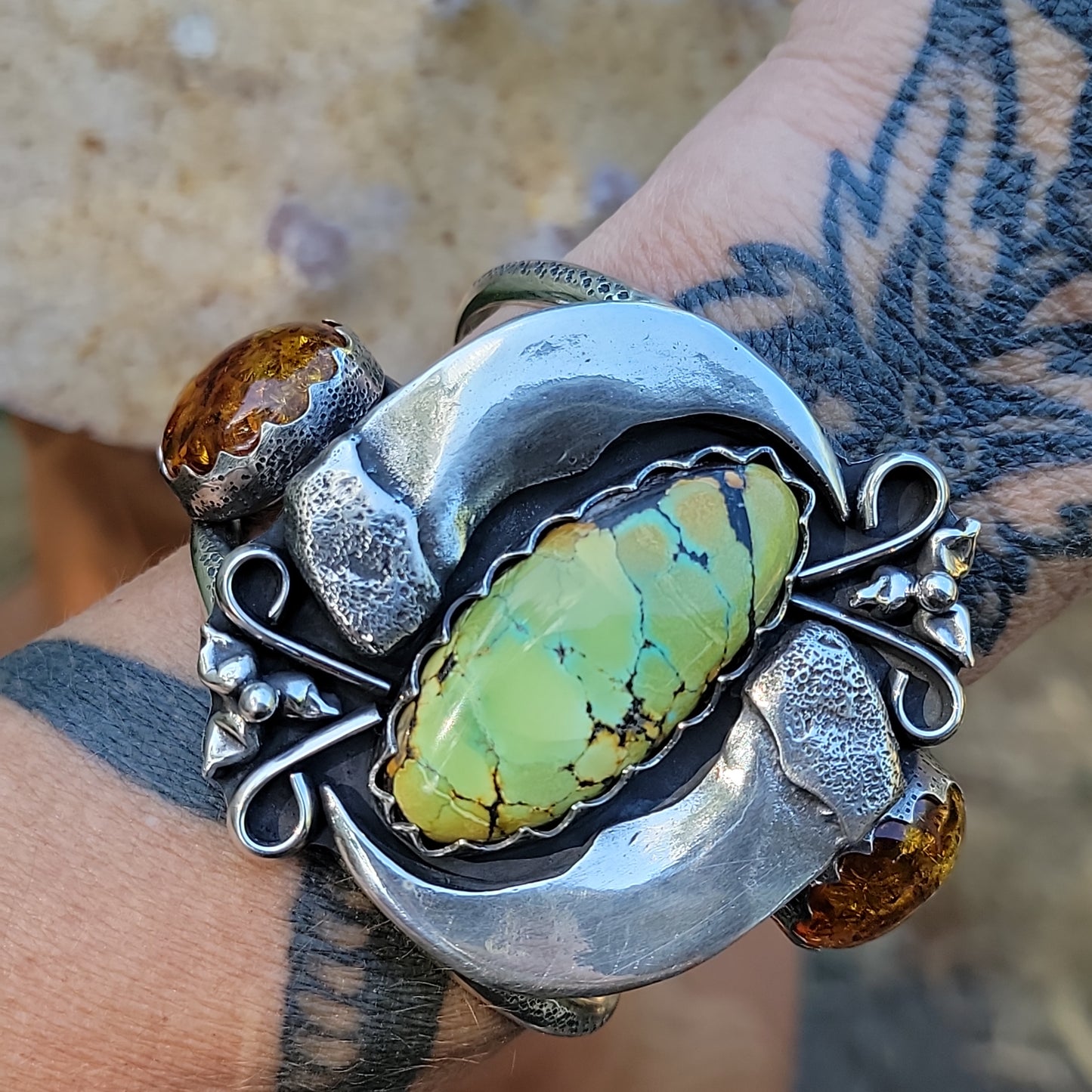 XX//MAMA BEAR & TRILLIUM Cuff - Hubei Turquoise and Baltic Amber in Heavy Sterling Silver size M to M/L