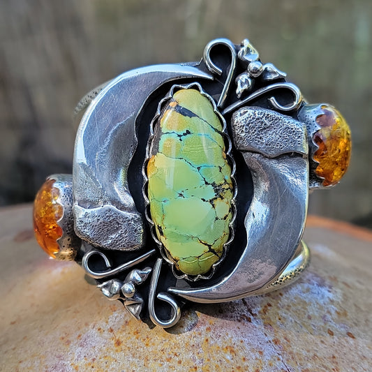 x MAMA BEAR & TRILLIUM Cuff - Hubei Turquoise and Baltic Amber in Heavy Sterling Silver size M to M/L
