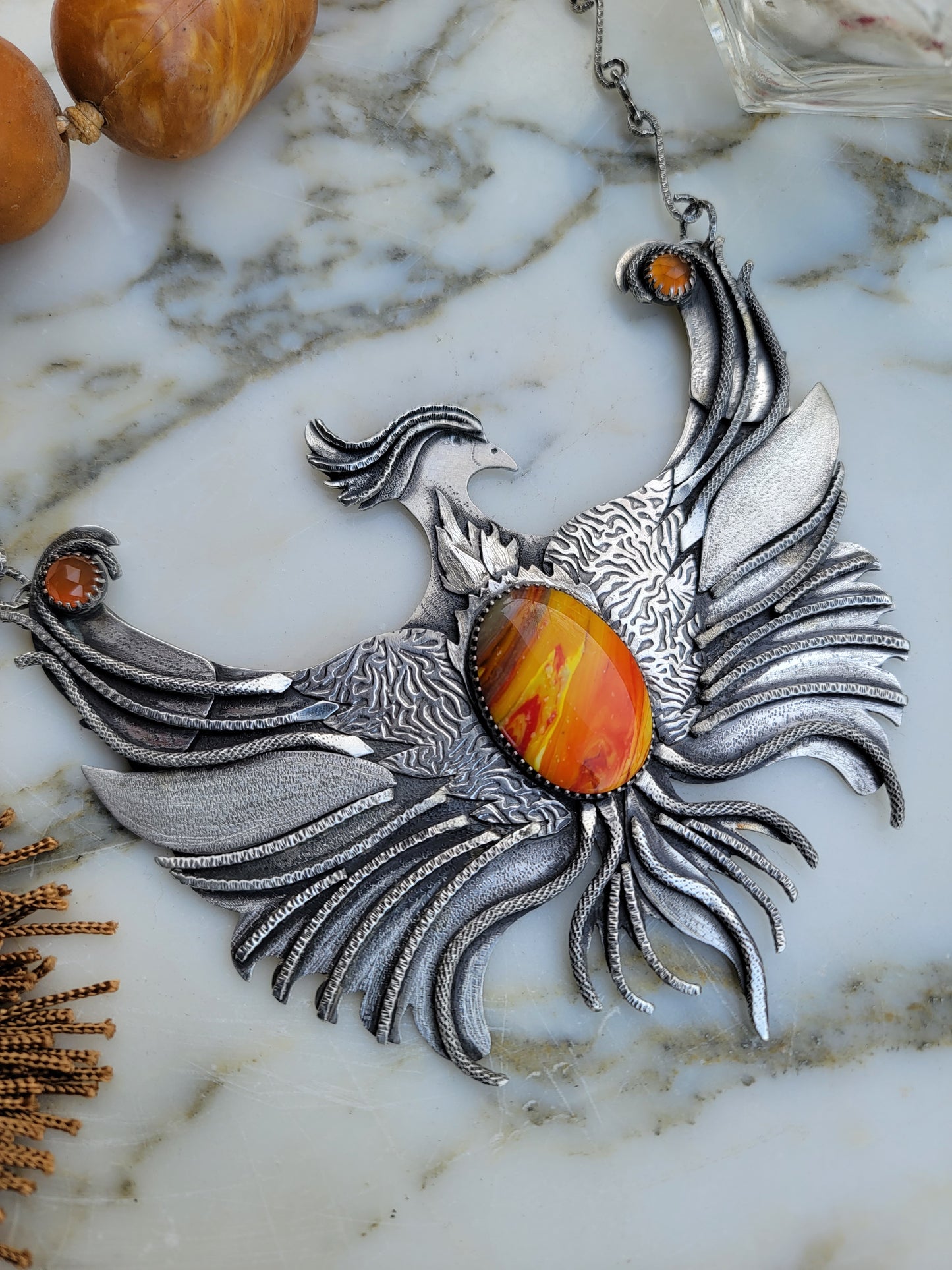 XX//PHOENIX RISING::Statement Necklace - Handcrafted with Rosarita and Carnelian in All Fine and Sterling Silver