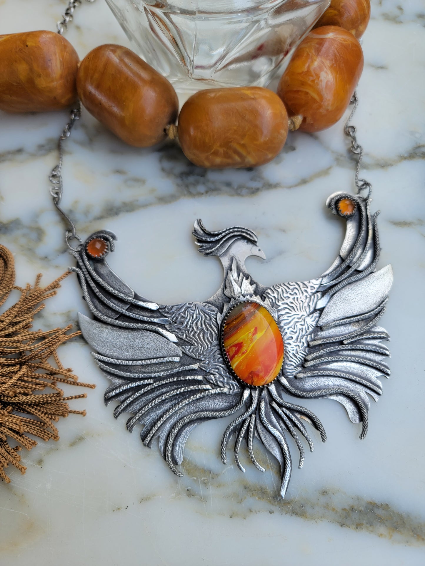 x PHOENIX RISING::Statement Necklace - Handcrafted with Rosarita and Carnelian in All Fine and Sterling Silver