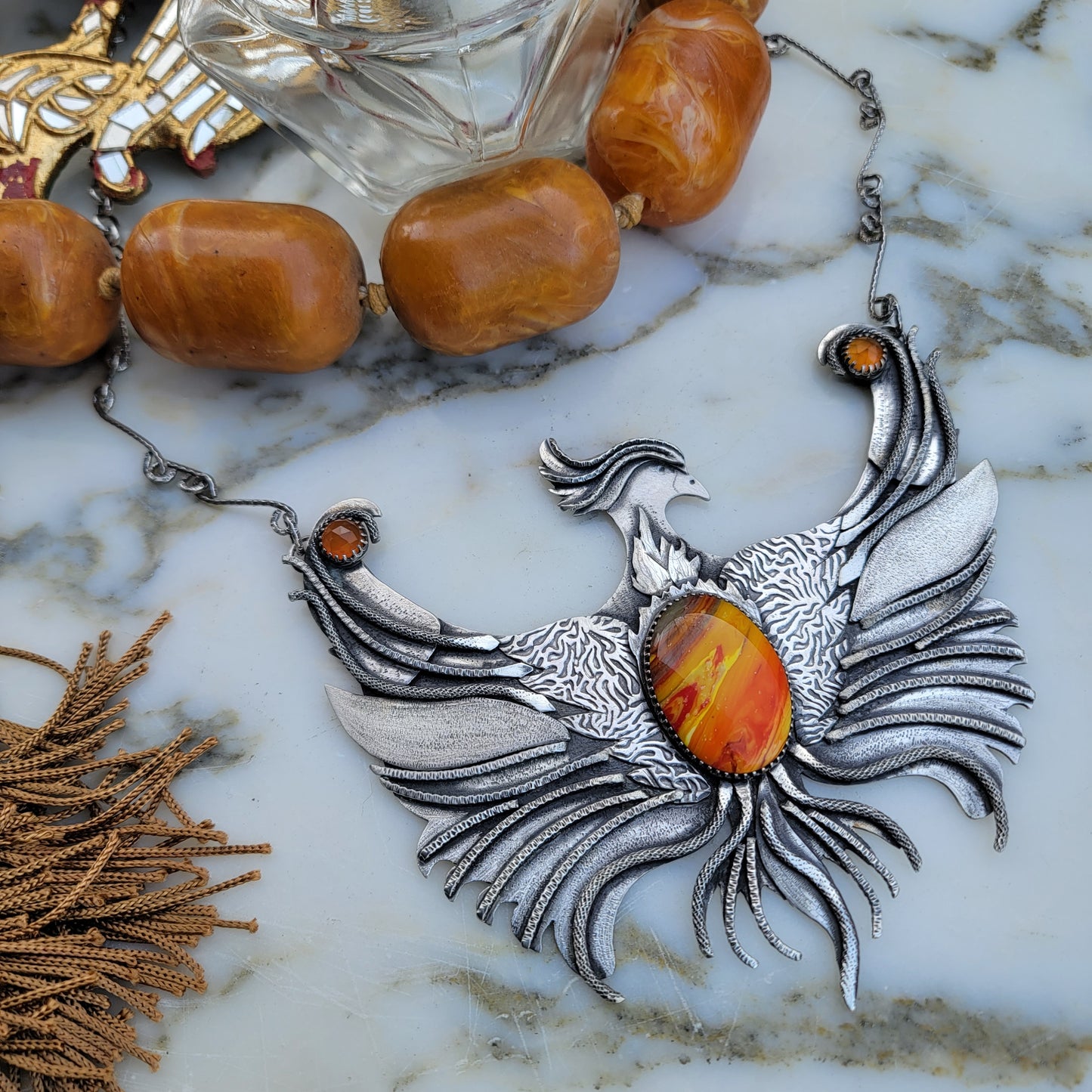 x PHOENIX RISING::Statement Necklace - Handcrafted with Rosarita and Carnelian in All Fine and Sterling Silver