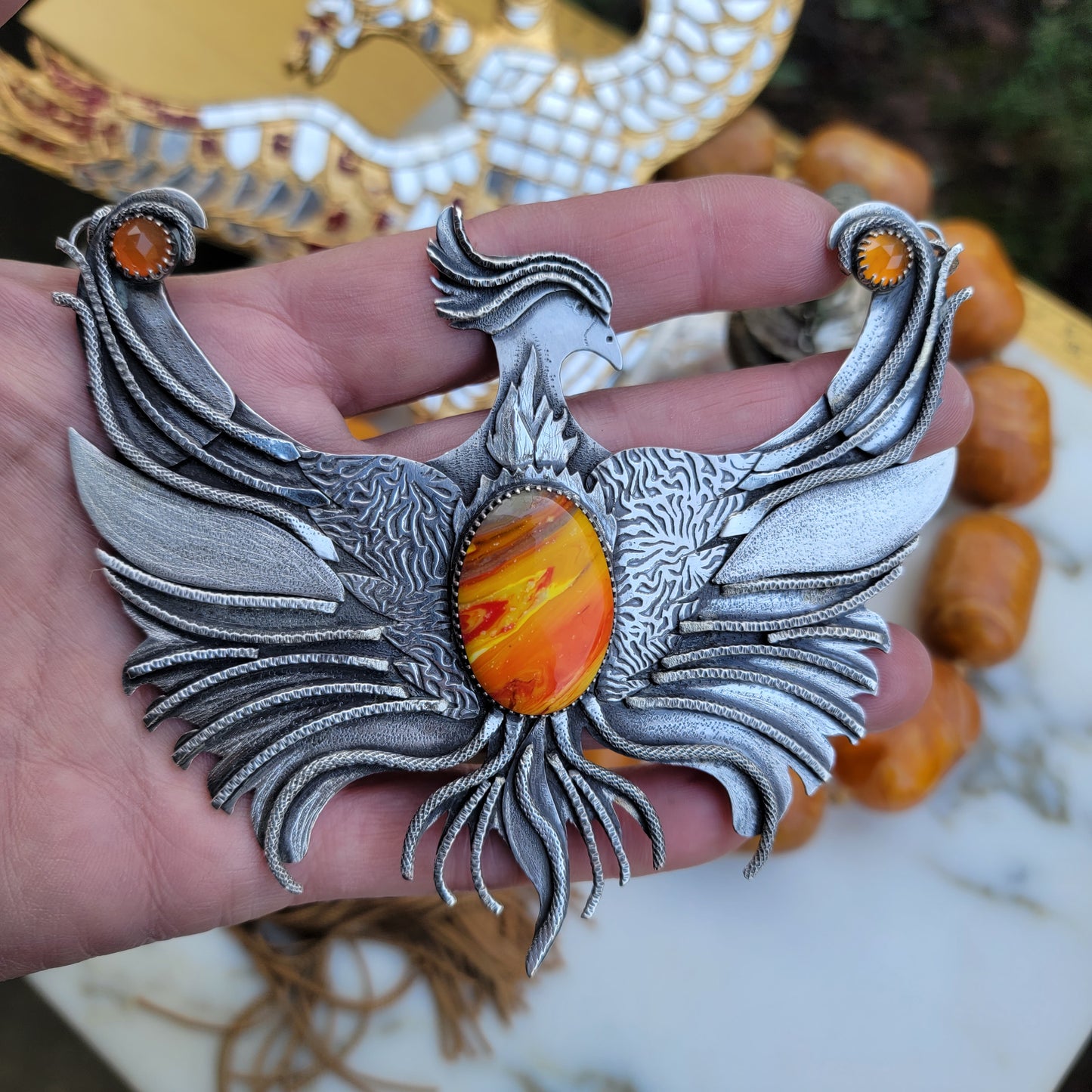 x PHOENIX RISING::Statement Necklace - Handcrafted with Rosarita and Carnelian in All Fine and Sterling Silver