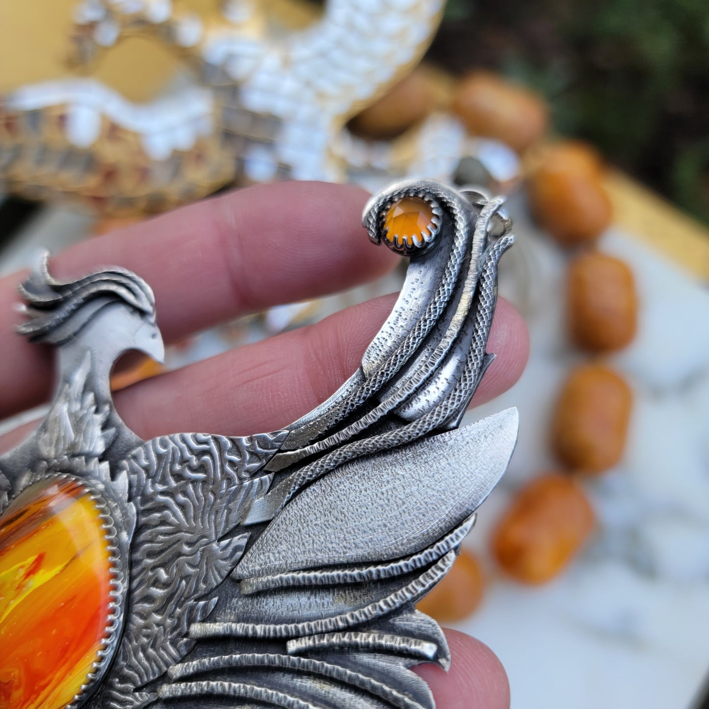 x PHOENIX RISING::Statement Necklace - Handcrafted with Rosarita and Carnelian in All Fine and Sterling Silver