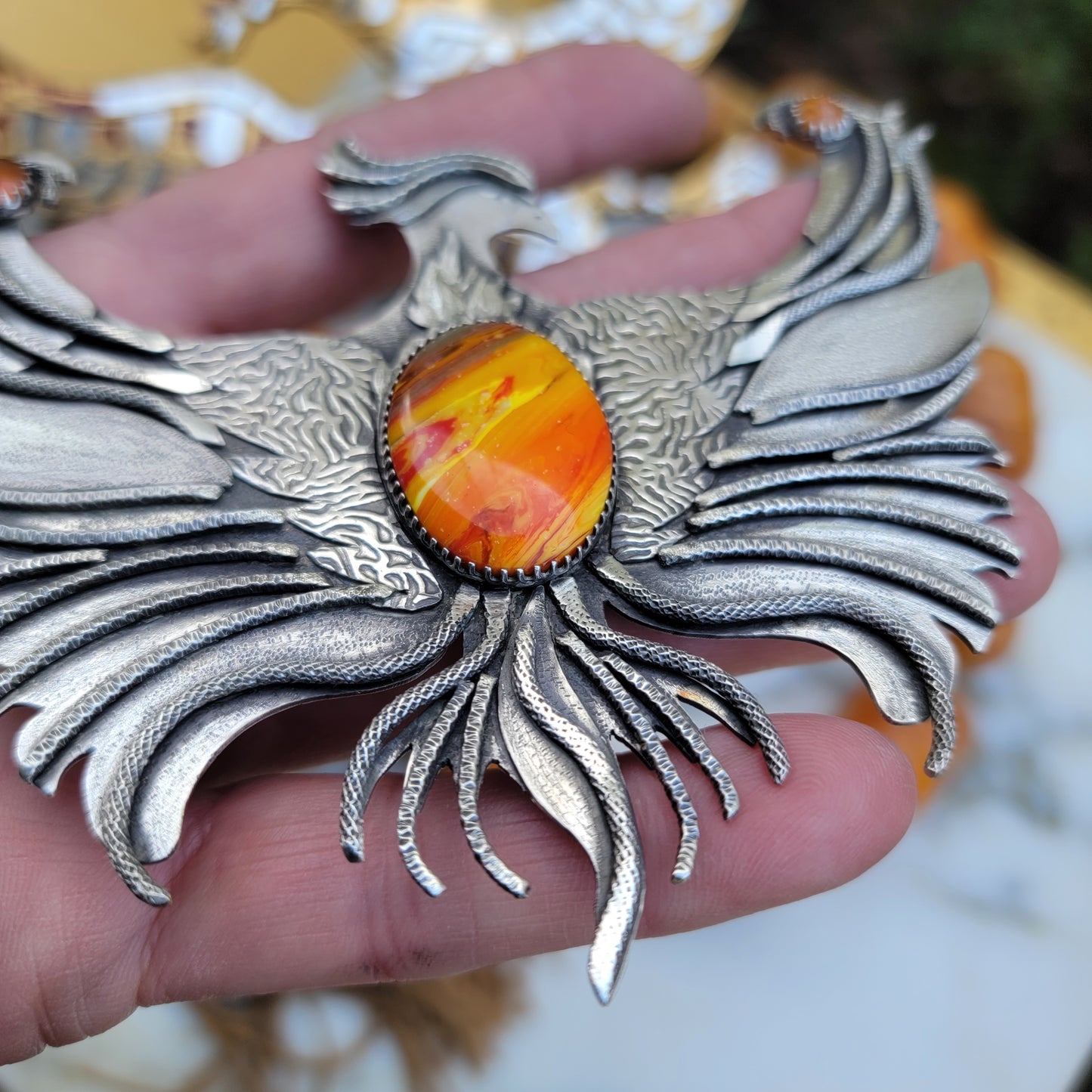 x PHOENIX RISING::Statement Necklace - Handcrafted with Rosarita and Carnelian in All Fine and Sterling Silver