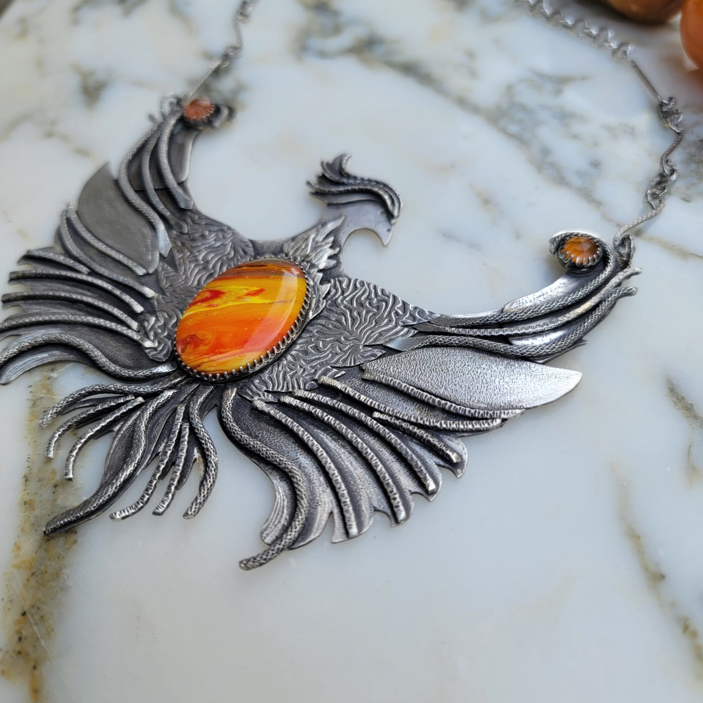 XX//PHOENIX RISING::Statement Necklace - Handcrafted with Rosarita and Carnelian in All Fine and Sterling Silver