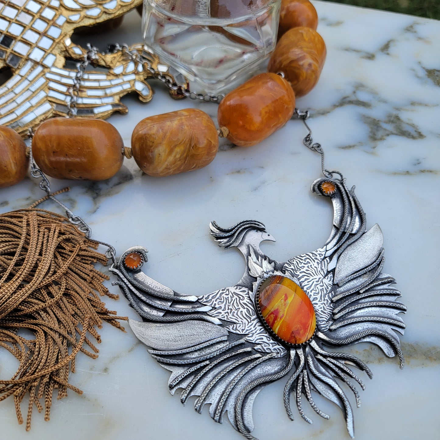 x PHOENIX RISING::Statement Necklace - Handcrafted with Rosarita and Carnelian in All Fine and Sterling Silver