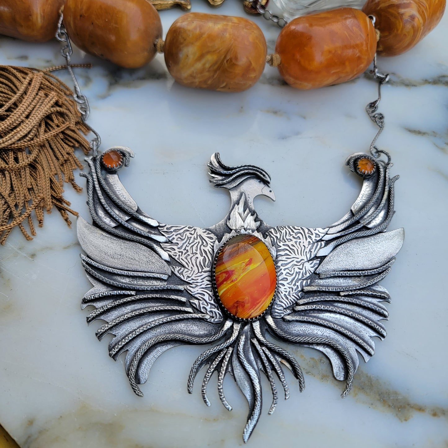 x PHOENIX RISING::Statement Necklace - Handcrafted with Rosarita and Carnelian in All Fine and Sterling Silver