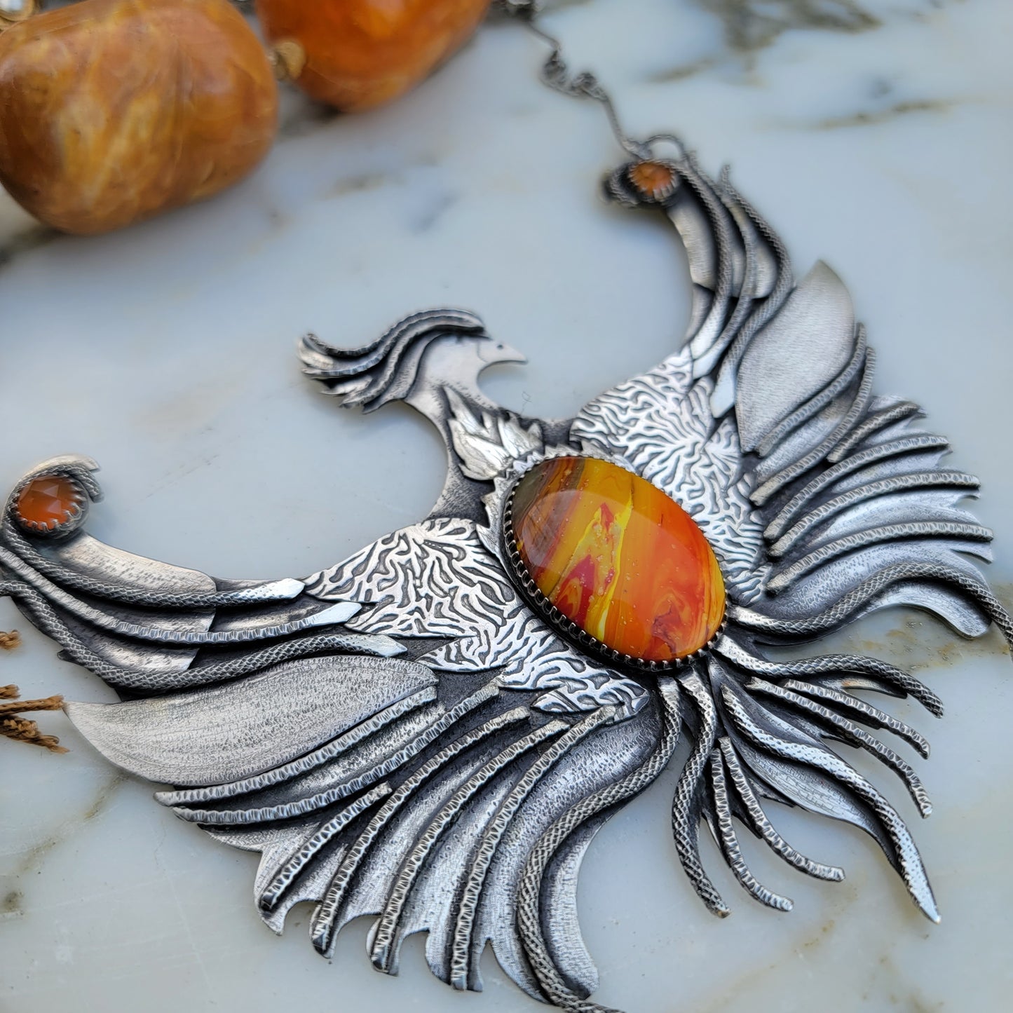 x PHOENIX RISING::Statement Necklace - Handcrafted with Rosarita and Carnelian in All Fine and Sterling Silver