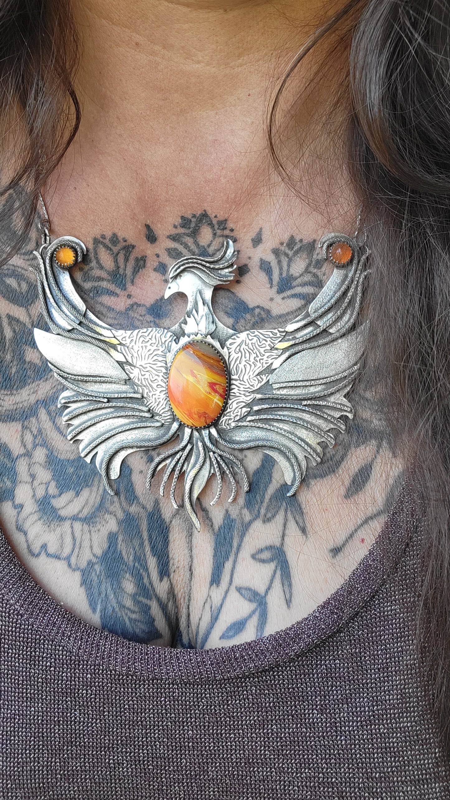 x PHOENIX RISING::Statement Necklace - Handcrafted with Rosarita and Carnelian in All Fine and Sterling Silver