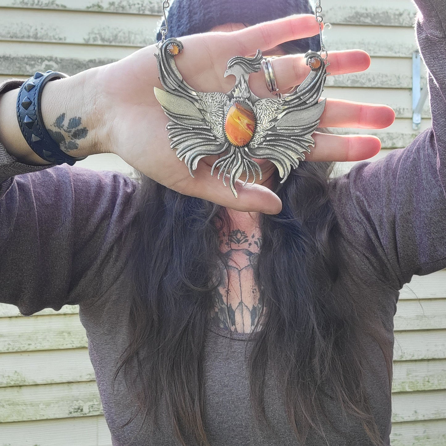 x PHOENIX RISING::Statement Necklace - Handcrafted with Rosarita and Carnelian in All Fine and Sterling Silver