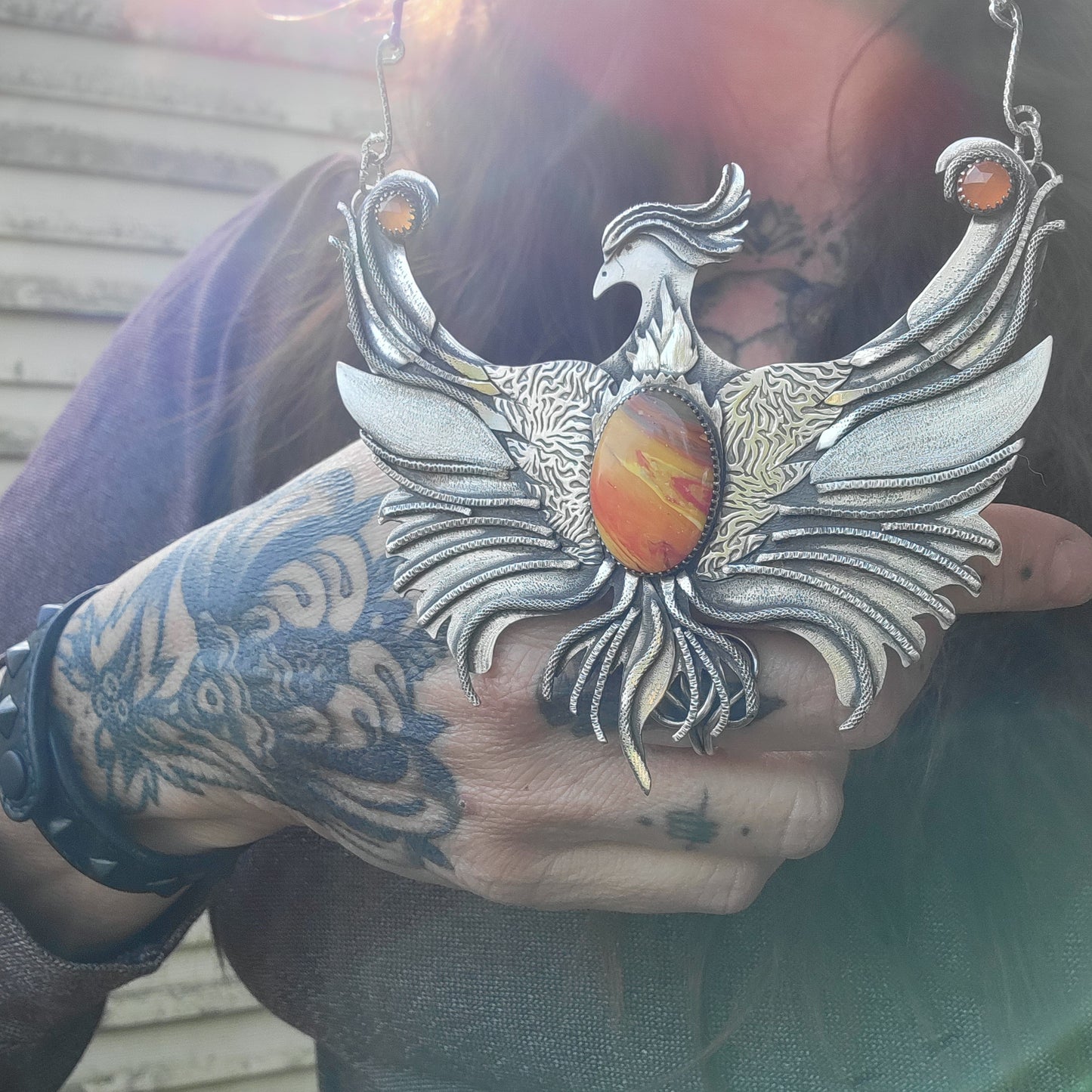 x PHOENIX RISING::Statement Necklace - Handcrafted with Rosarita and Carnelian in All Fine and Sterling Silver