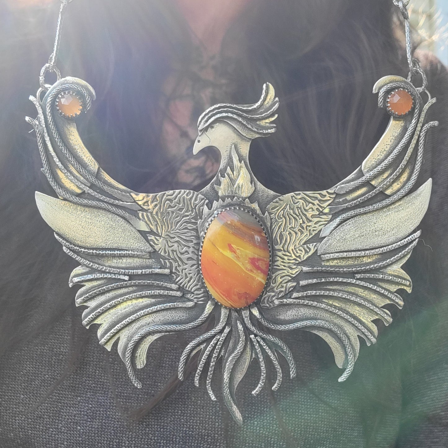 x PHOENIX RISING::Statement Necklace - Handcrafted with Rosarita and Carnelian in All Fine and Sterling Silver