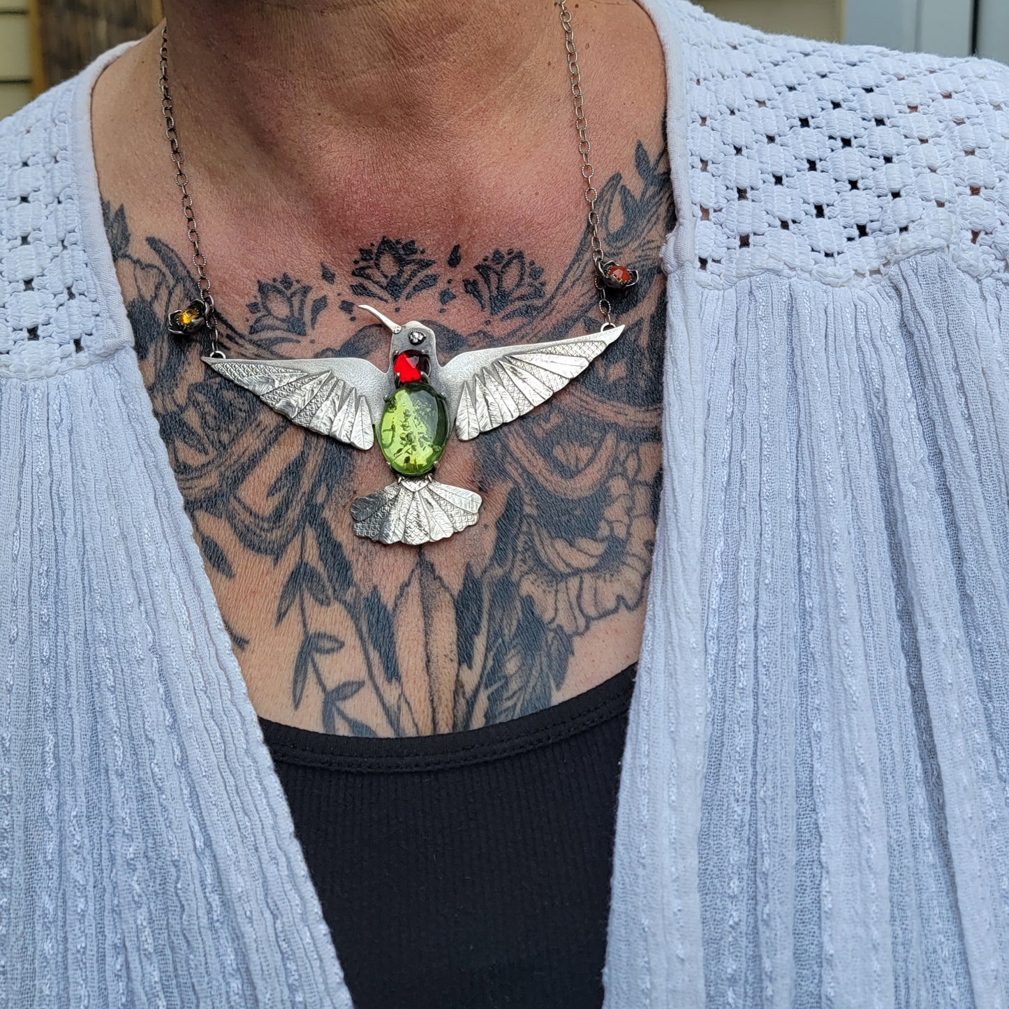 x HUMMINGBIRD Statement Necklace - Green and Red Amber and All Fine and Sterling Silver