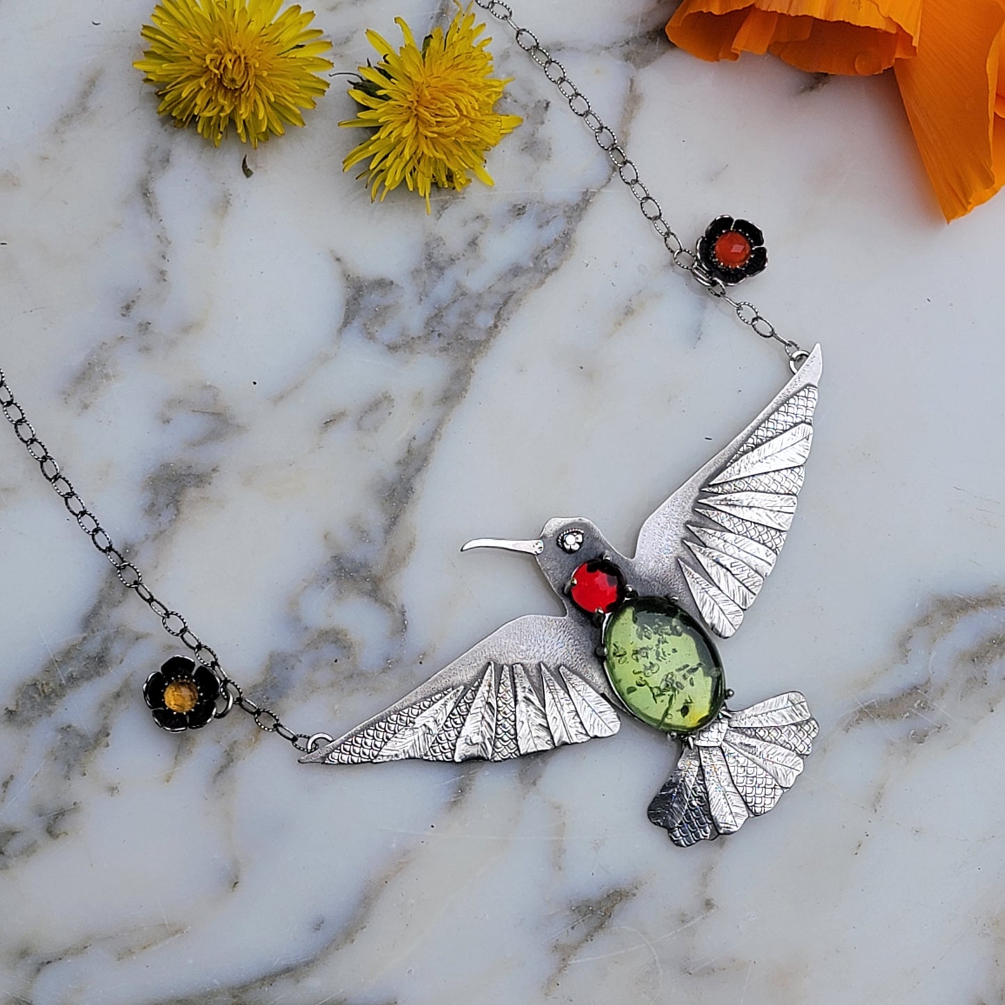 x HUMMINGBIRD Statement Necklace - Green and Red Amber and All Fine and Sterling Silver