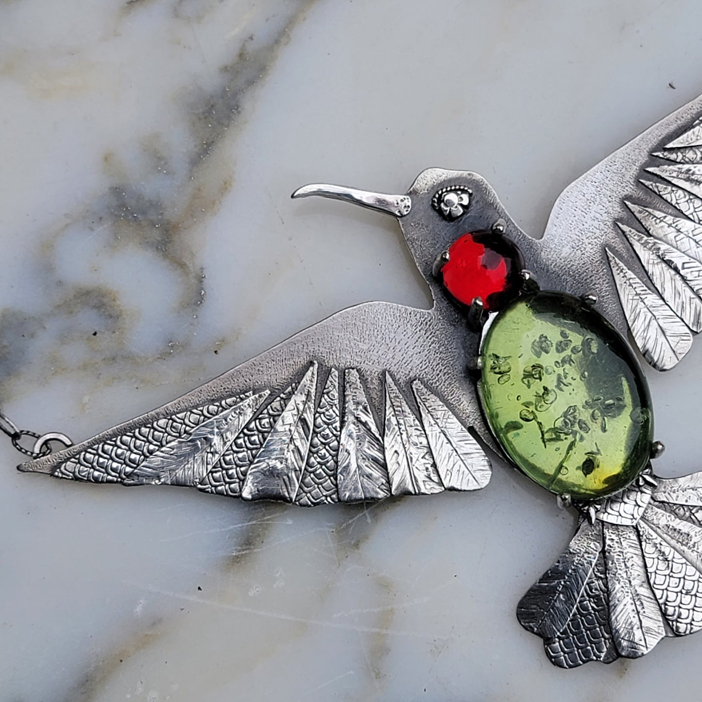 x HUMMINGBIRD Statement Necklace - Green and Red Amber and All Fine and Sterling Silver