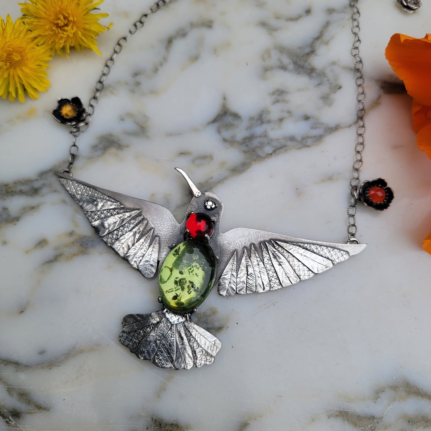 x HUMMINGBIRD Statement Necklace - Green and Red Amber and All Fine and Sterling Silver