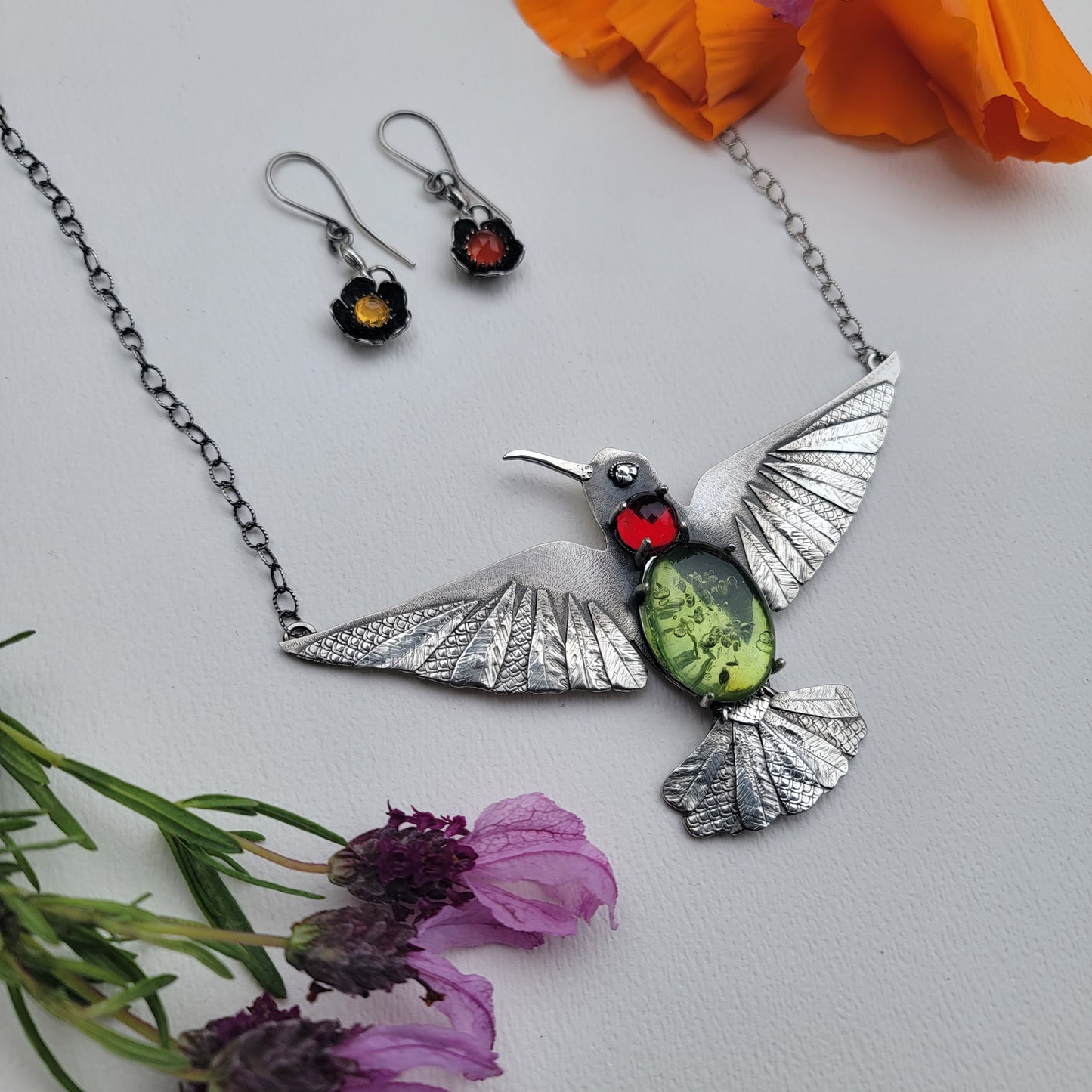 x HUMMINGBIRD Statement Necklace - Green and Red Amber and All Fine and Sterling Silver