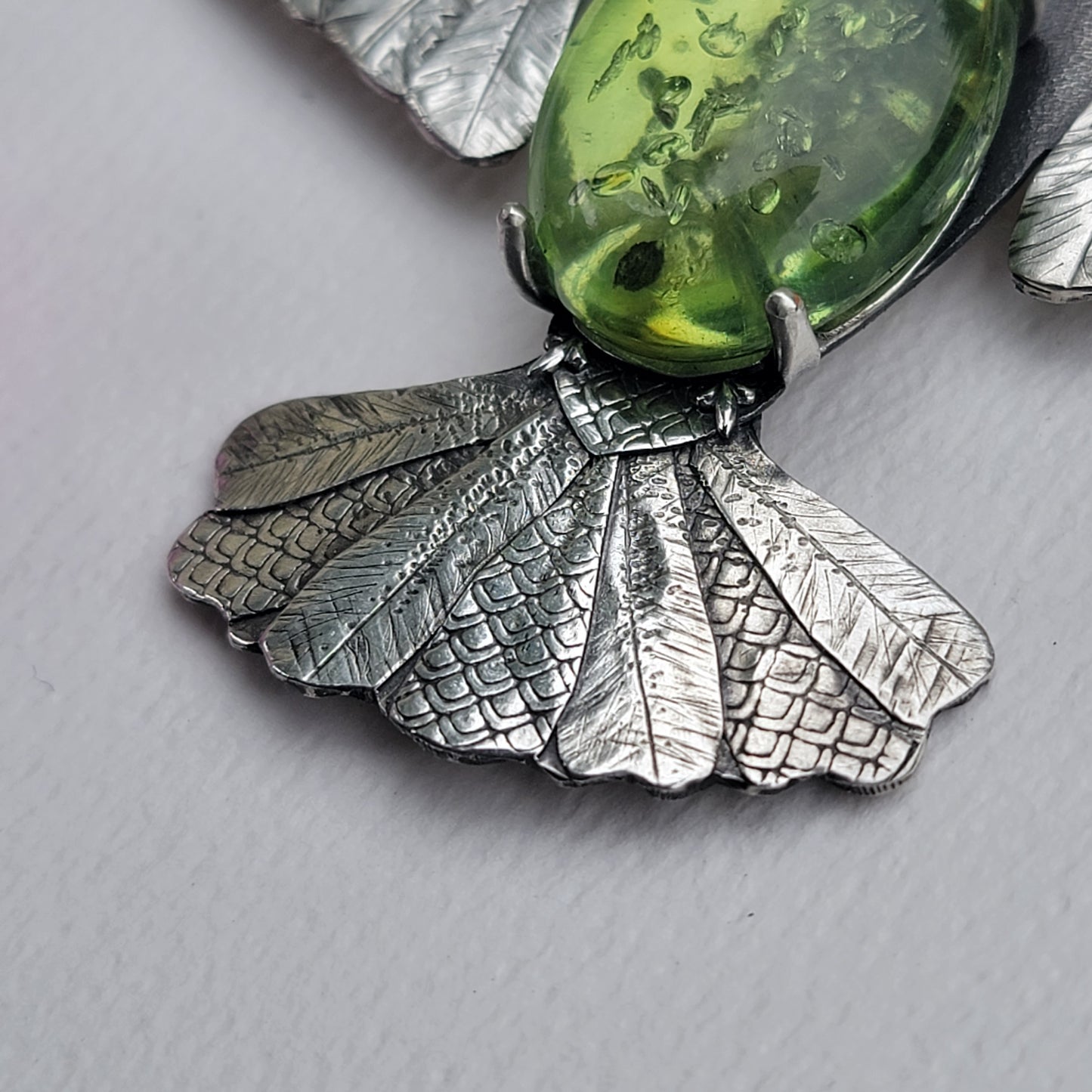 x HUMMINGBIRD Statement Necklace - Green and Red Amber and All Fine and Sterling Silver