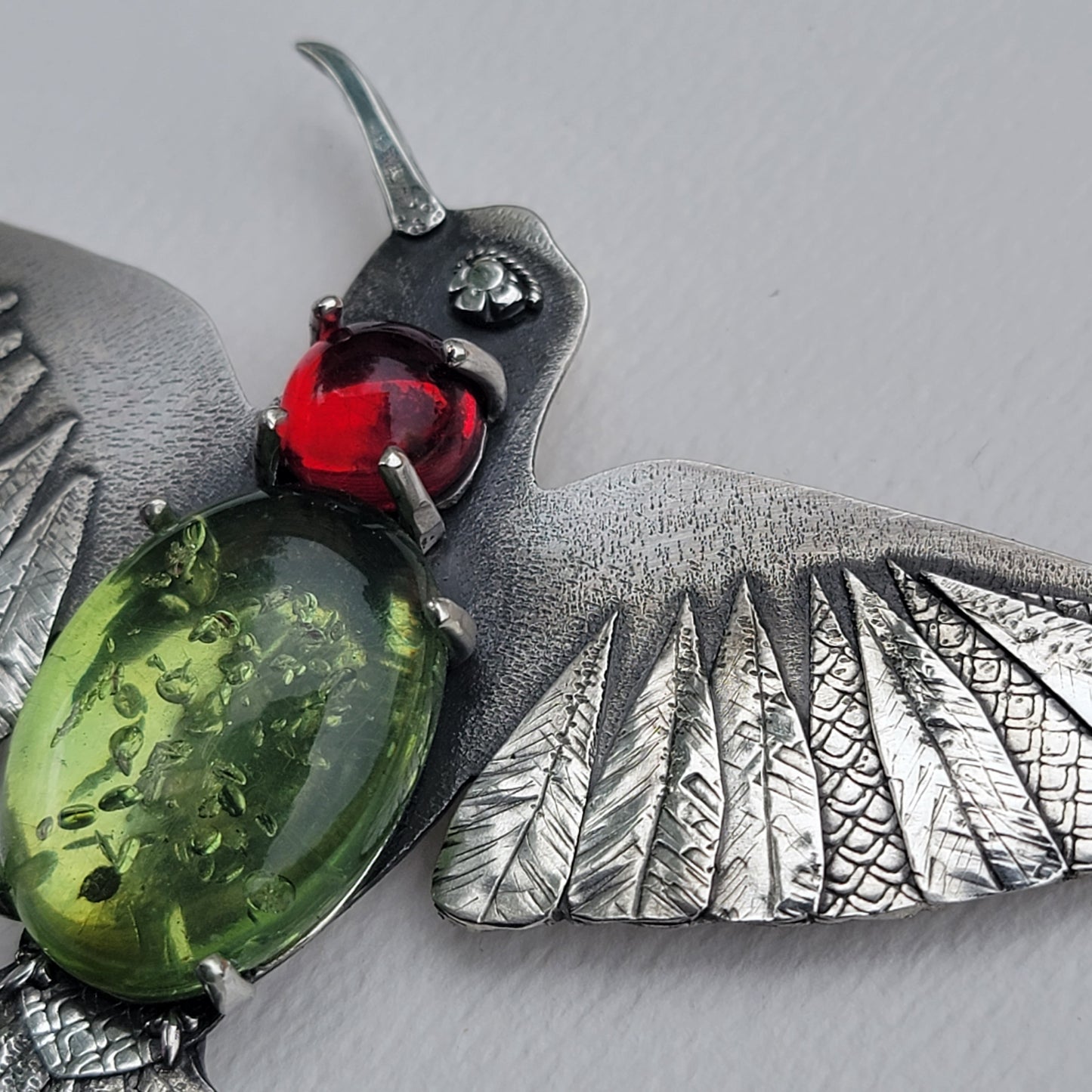 x HUMMINGBIRD Statement Necklace - Green and Red Amber and All Fine and Sterling Silver