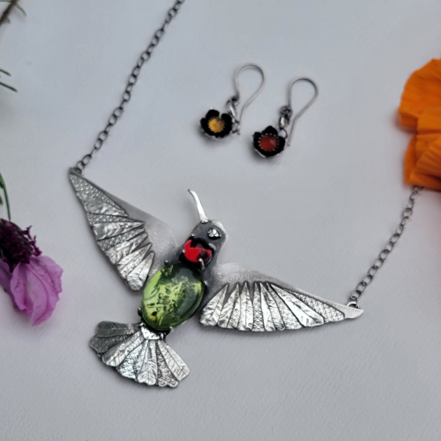 x HUMMINGBIRD Statement Necklace - Green and Red Amber and All Fine and Sterling Silver