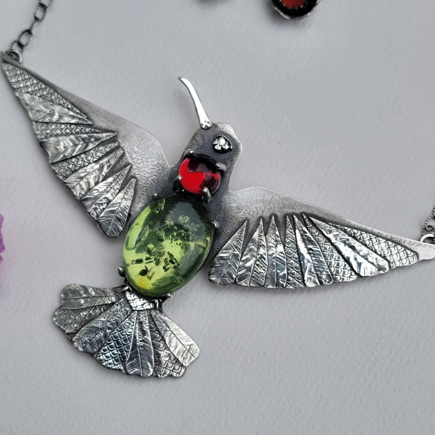 x HUMMINGBIRD Statement Necklace - Green and Red Amber and All Fine and Sterling Silver