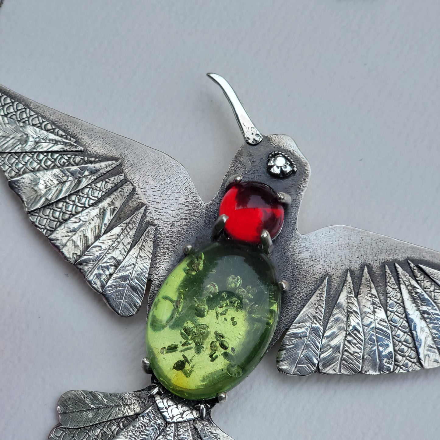 x HUMMINGBIRD Statement Necklace - Green and Red Amber and All Fine and Sterling Silver