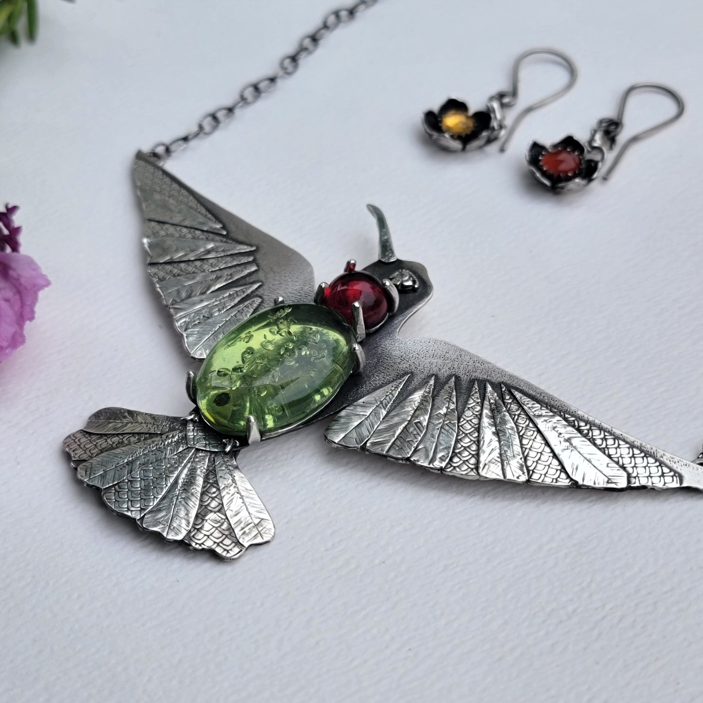 x HUMMINGBIRD Statement Necklace - Green and Red Amber and All Fine and Sterling Silver