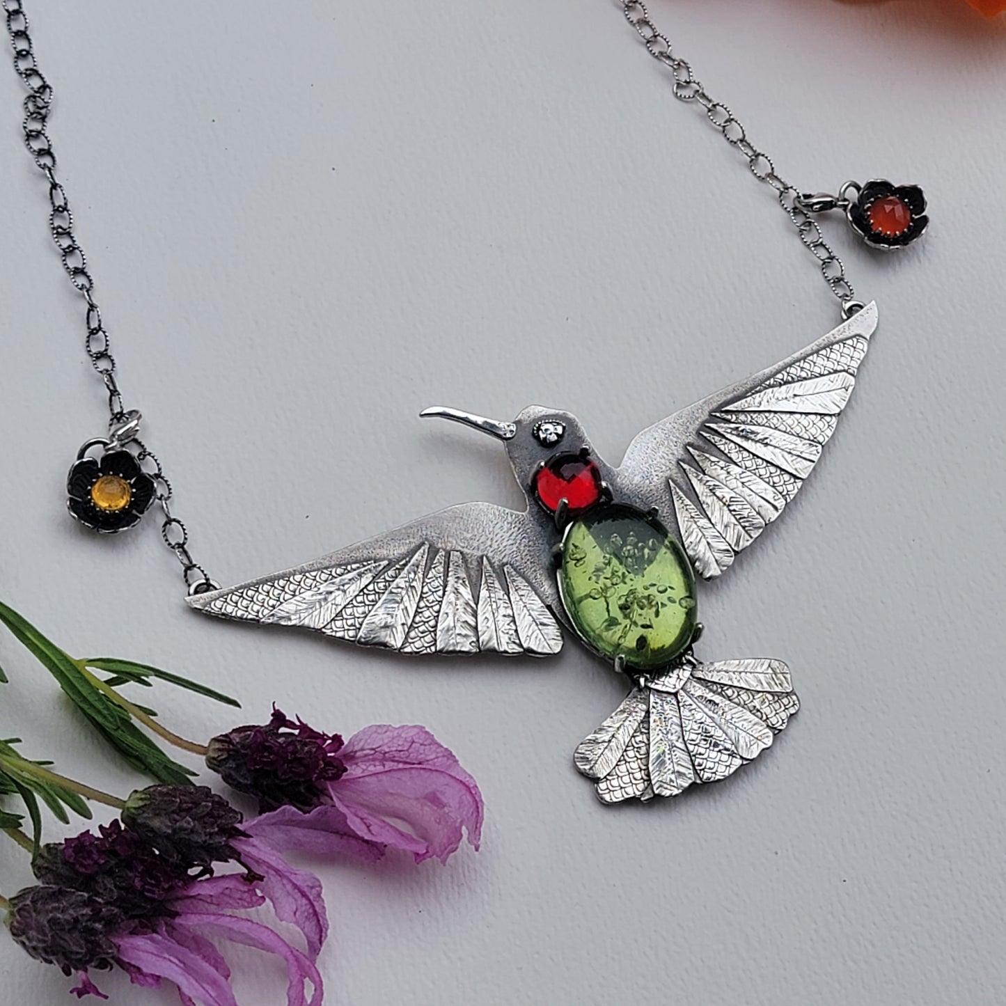 x HUMMINGBIRD Statement Necklace - Green and Red Amber and All Fine and Sterling Silver