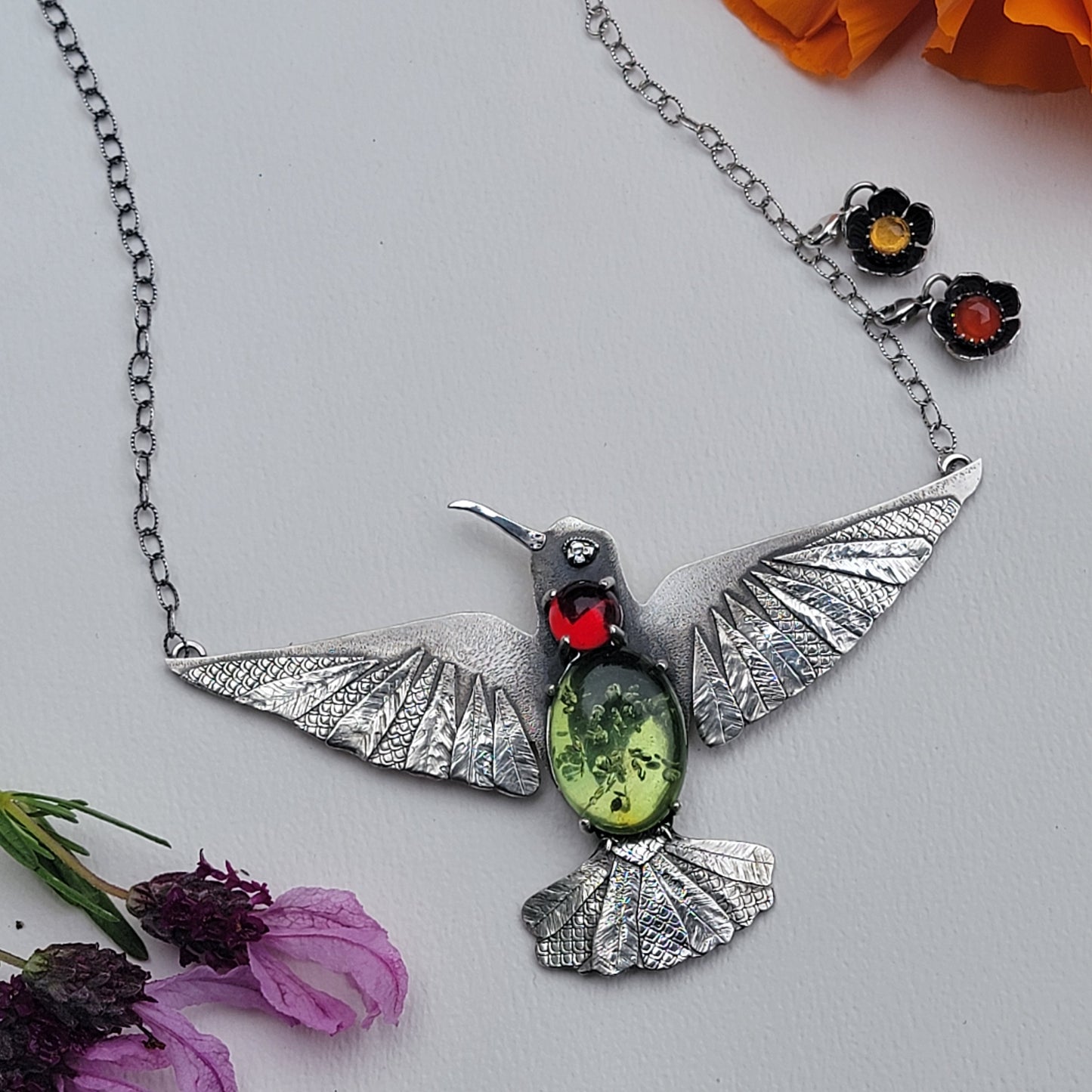 x HUMMINGBIRD Statement Necklace - Green and Red Amber and All Fine and Sterling Silver