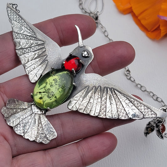 x HUMMINGBIRD Statement Necklace - Green and Red Amber and All Fine and Sterling Silver