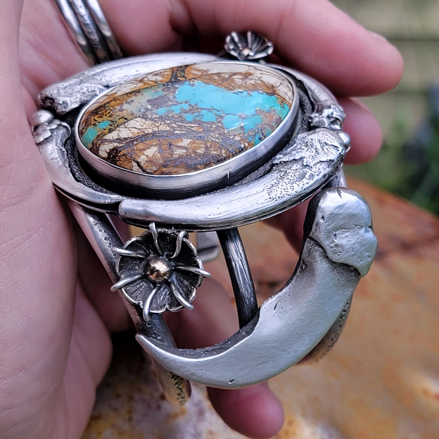 x MAMA BEAR Statement Cuff - All Heavy Sterling Silver with 14K Gold Accents - size M to L